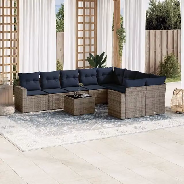 Set Divani da Giardino 10 pz con Cuscini Grigio in Polyrattan 3219441