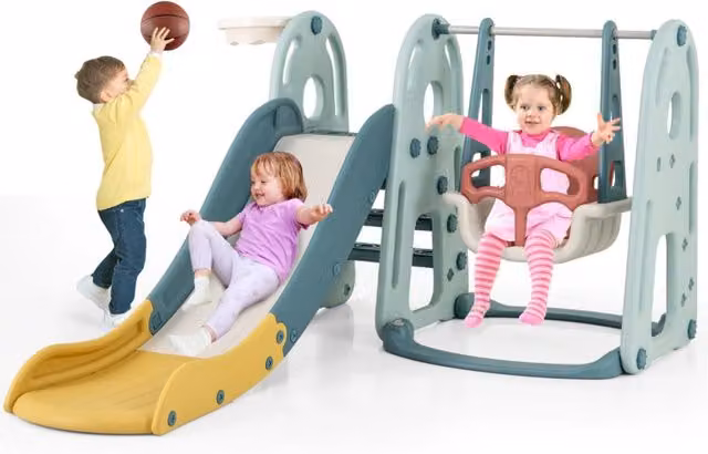Set di scivolo 4-in-1 per bambini 18 mesi+, Set di gioco con altalena canestro da basket e arrampicata Verde-Arrampicate e scivoli