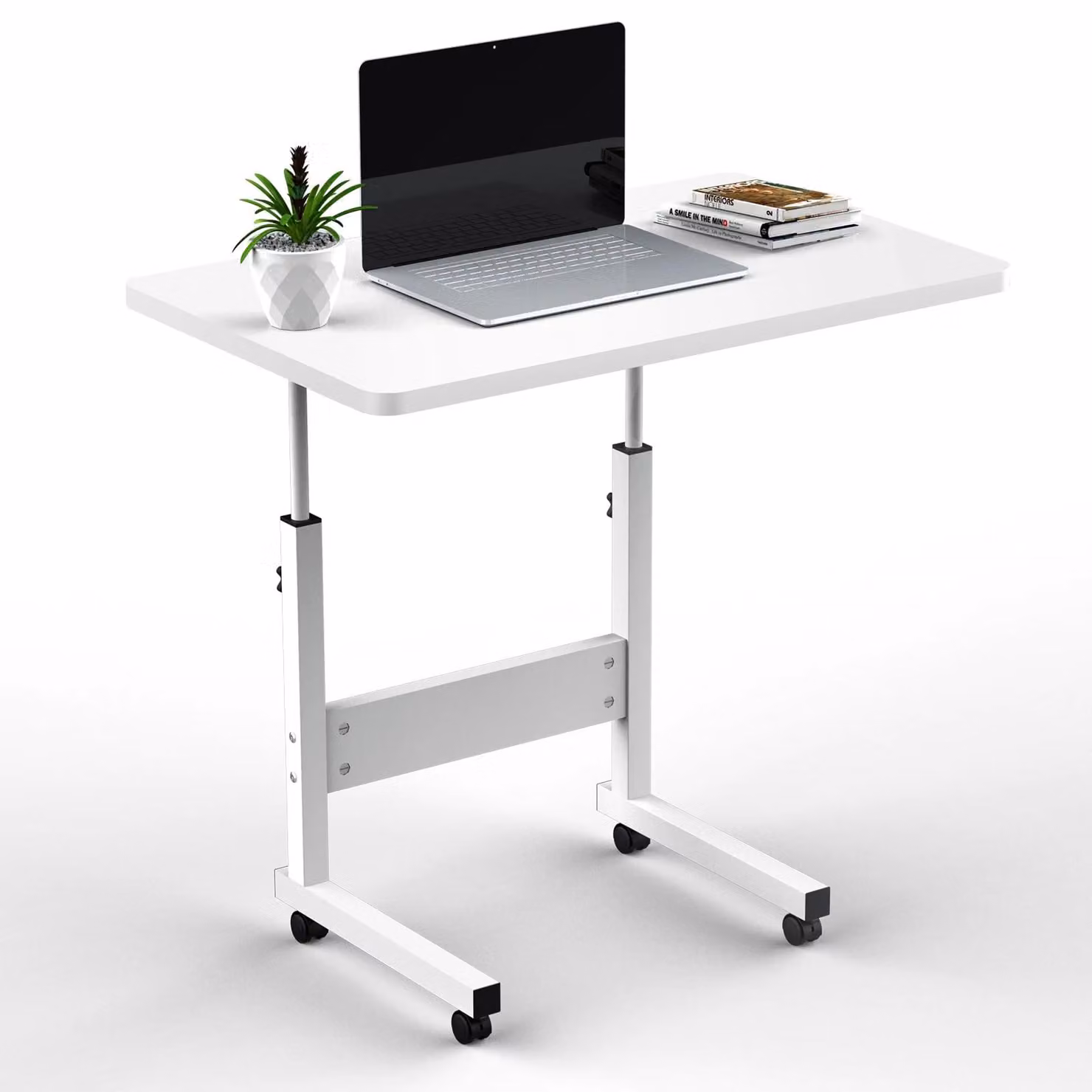 Tavolino di servizio con ruote - Tavolo mobile per computer - Altezza regolabile da 69 a 90 cm - Dimensioni 60 x 40 cm - Portata massima 50 kg - Struttura in metallo - Colore bianco