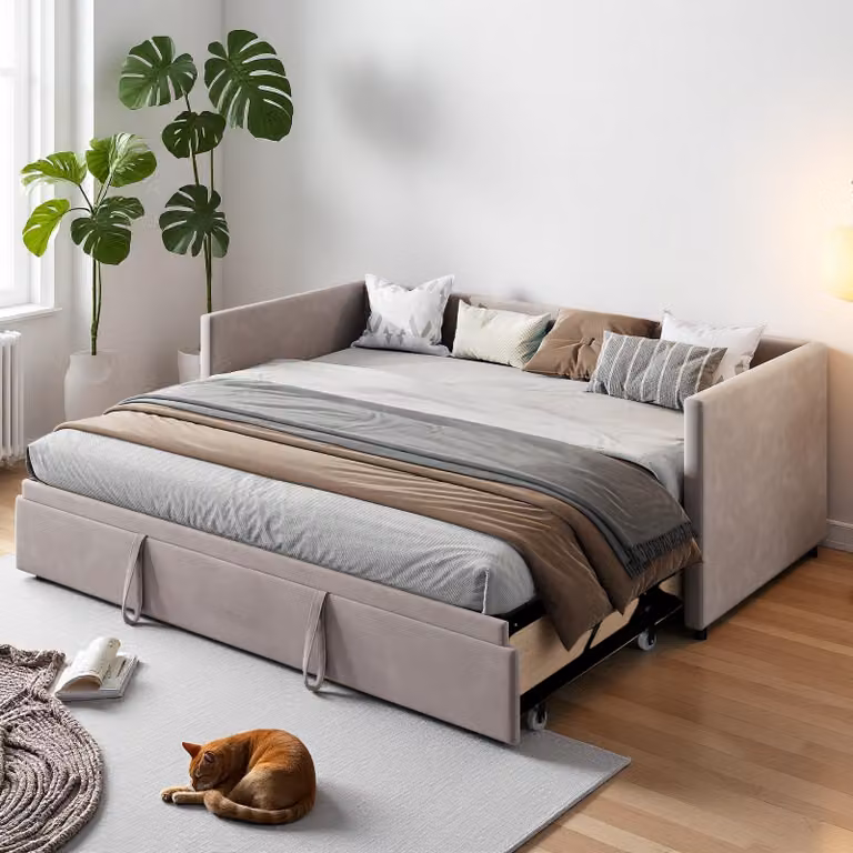 Divano letto INONEFT, 90/180 x 200 cm, divano letto trasformabile in letto singolo o matrimoniale, con rete a doghe, imbottitura in tessuto velluto, colore grigio, senza materasso