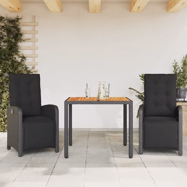 Set da Bistrò vidaXL in Polyrattan Nero con Cuscini e Piano in Legno di Acacia per Giardino e Balcone