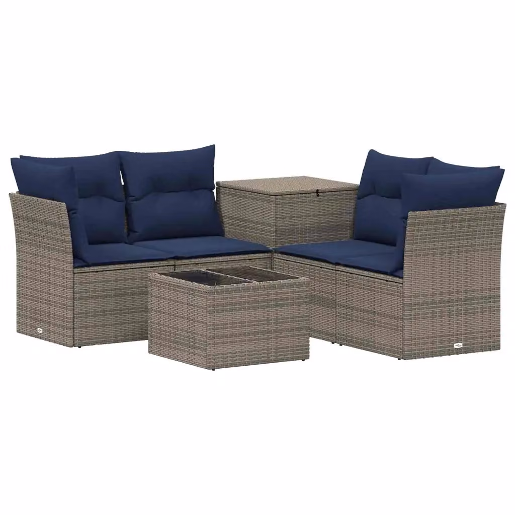 Set di mobili da giardino vidaXL composto da 6 pezzi in rattan sintetico e metallo, colore grigio e blu navy, con divani, elementi angolari e tavolino da caffè – 2