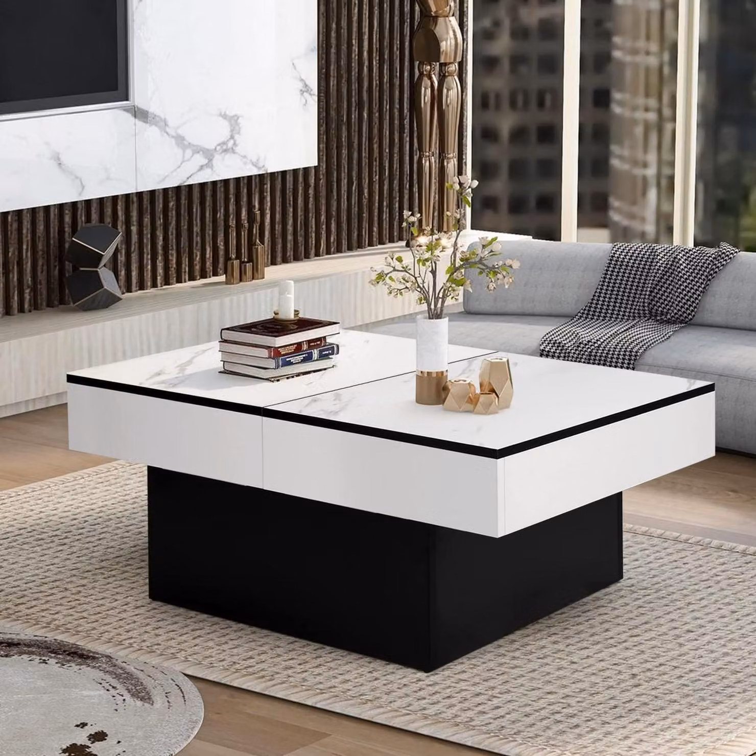 Tavolino da caffè estendibile, trasformabile in scrivania, per il soggiorno, dimensioni 129 x 58 x 40 cm, finitura effetto marmo bianco