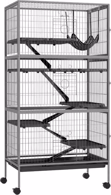 Gabbia per conigli a livelli multipli con amaca in acciaio e plastica, colore grigio, H 159 x L 80 x P 52 cm