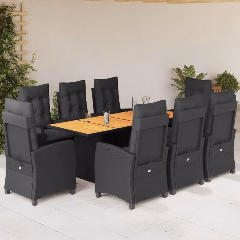 Set da pranzo da giardino vidaXL in legno di acacia oliato e polyrattan nero con 9 pezzi