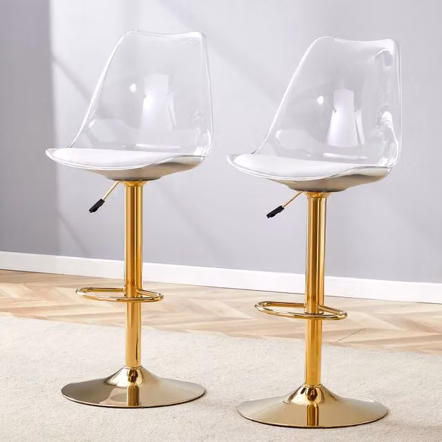 Set di 2 Sgabelli da Bar Regolabili MINIMAL con Seduta in Ecopelle Bianca, Schienale Trasparente e Gambe in Metallo Oro