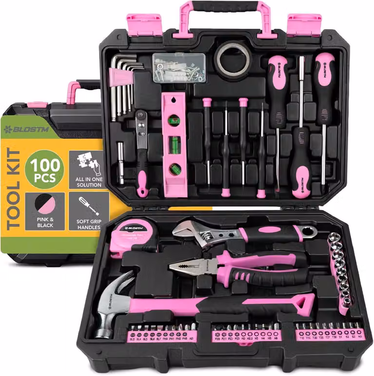 Set di attrezzi manuali da 100 pezzi, color rosa, completo di martello e pinze, ideale per piccoli lavori di riparazione domestica