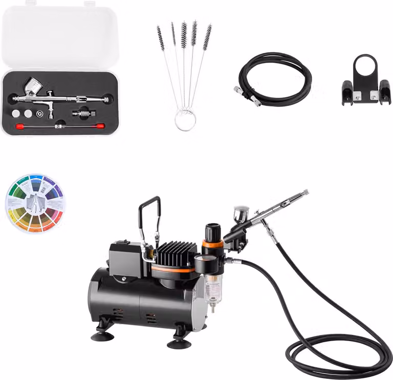 SucceBuy set aerografo 1/6 hp con compressore d'aria e serbatoio, pistola ad aerografo a doppia azione con 3 ugelli (0,2/0,3/0,5 mm), tubo flessibile, supporto e accessori per la pulizia, ideale per la decorazione di torte, il modellismo e la decorazione