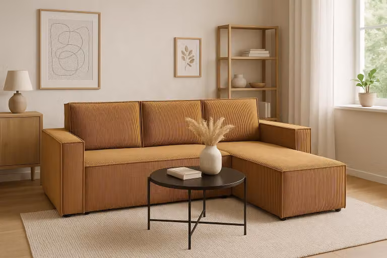Divano angolare GUTTO CORDA marrone chiaro senape in tessuto a coste con funzione sleep - design moderno in colori di tendenza