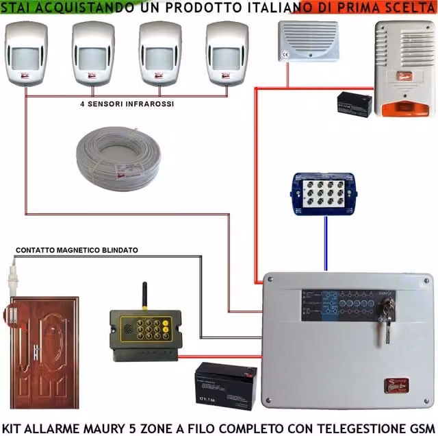 Kit Impianto Antifurto Maury Securvera con Centrale 5 Zone, 4 Infrarossi, Contatto Corrazzato, Combinatore GSM, Sirene Interna ed Esterna Lampeggiante e Tastiera, Colore Bianco
