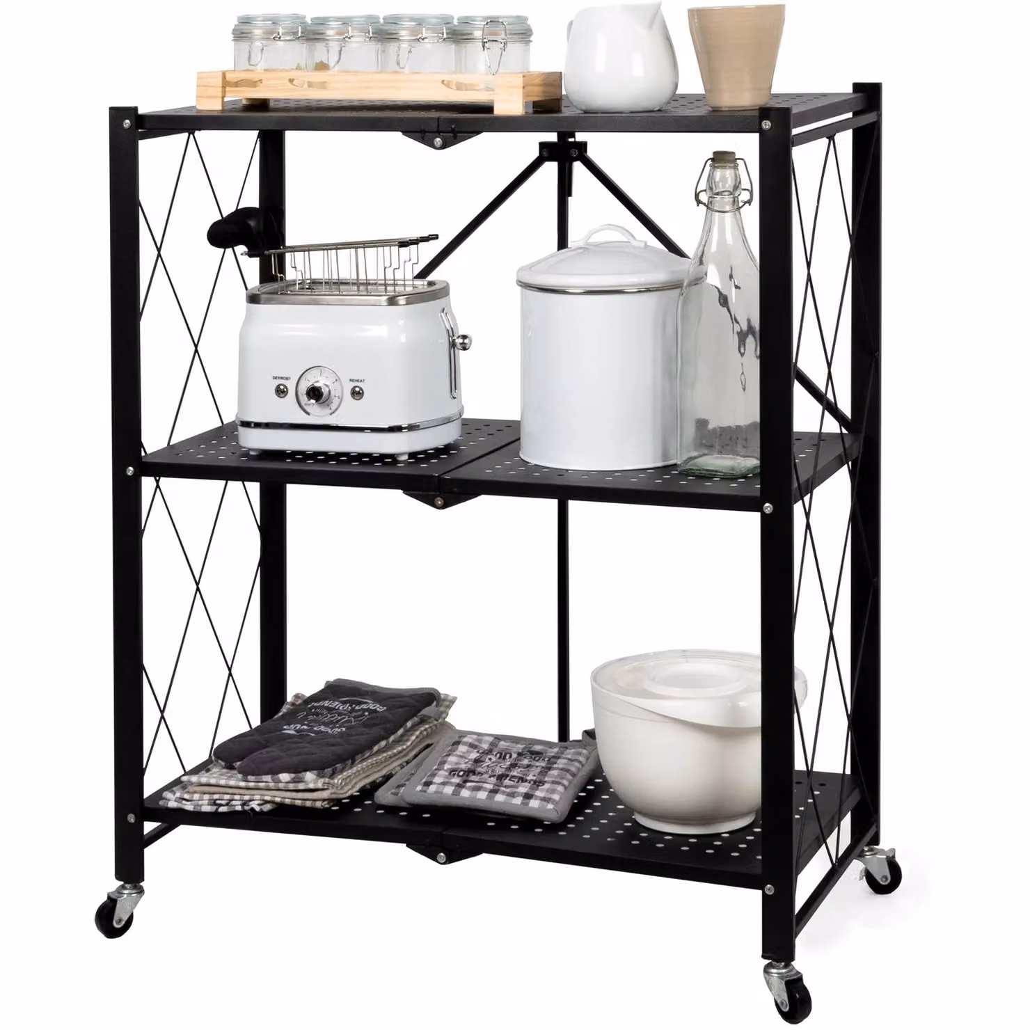 Scaffale multiuso VESTIAMO CASA con 3 ripiani richiudibili in metallo nero stile industrial H 87 cm x L 71 cm x P 34 cm – 3