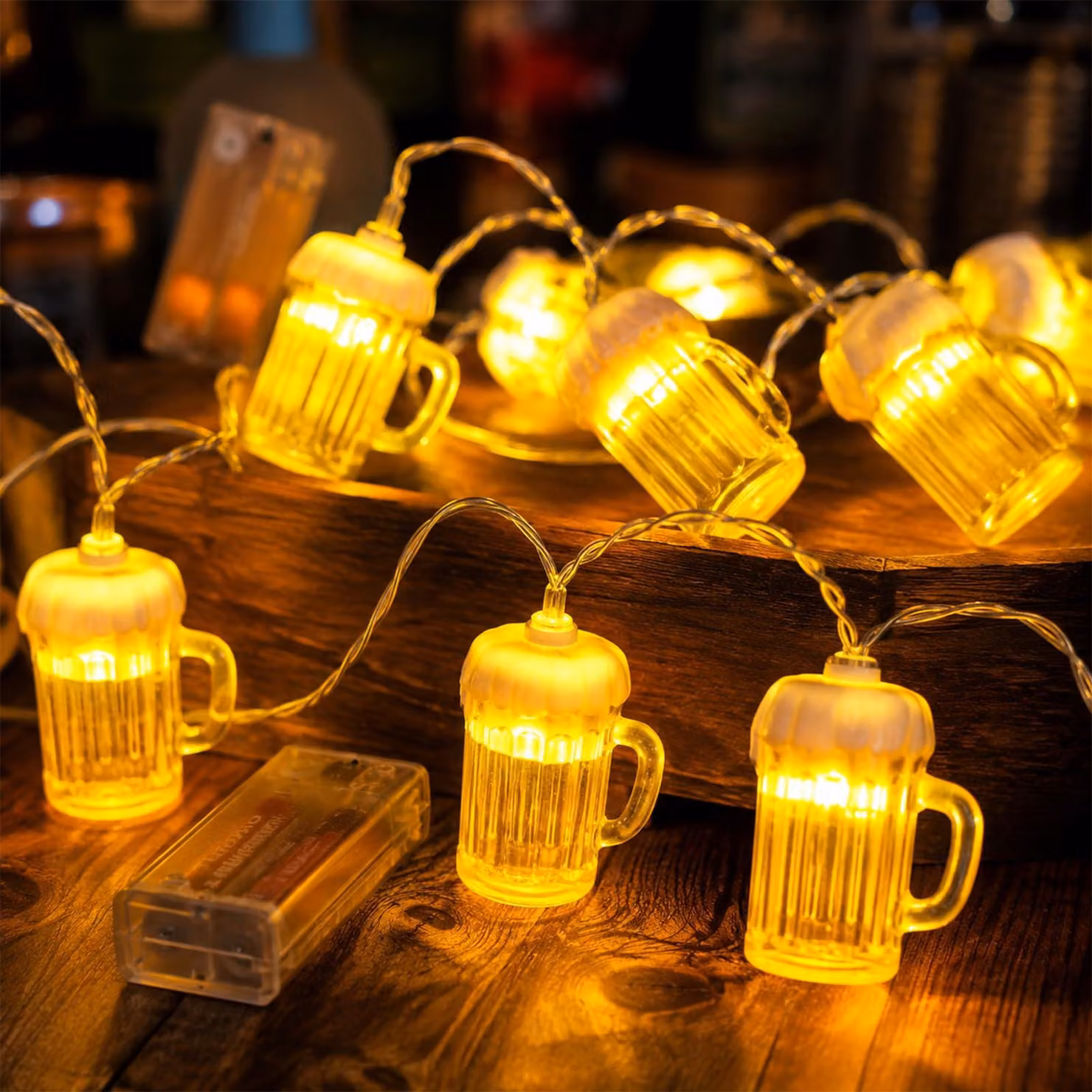 Catena luminosa a forma di boccale di birra, lunghezza 1,5 metri, 10 LED bianco caldo, alimentata a batteria