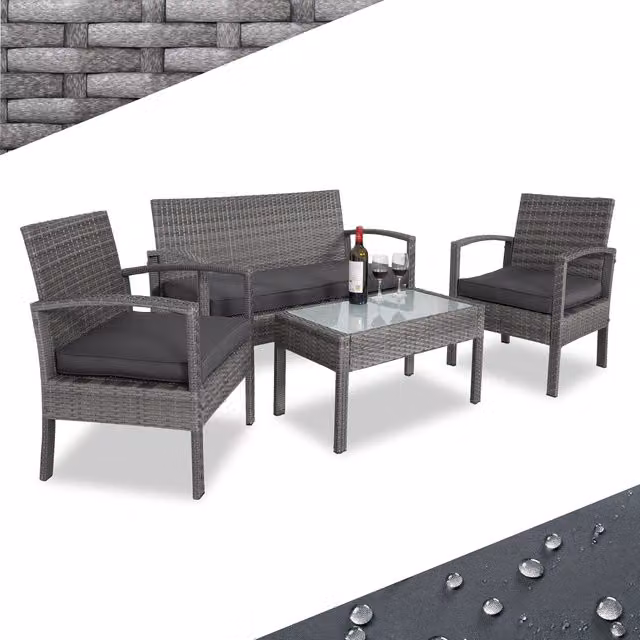 Set da giardino Casaria composto da 4 pezzi in polyrattan e vetro, colore grigio antracite