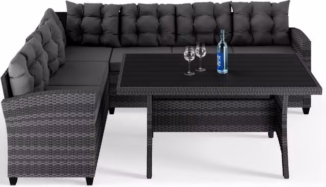 Set da giardino moderno Casaria® Lisbona a forma di L in rattan grigio con divano a 2 posti, tavolino da caffè e cuscini inclusi – 1