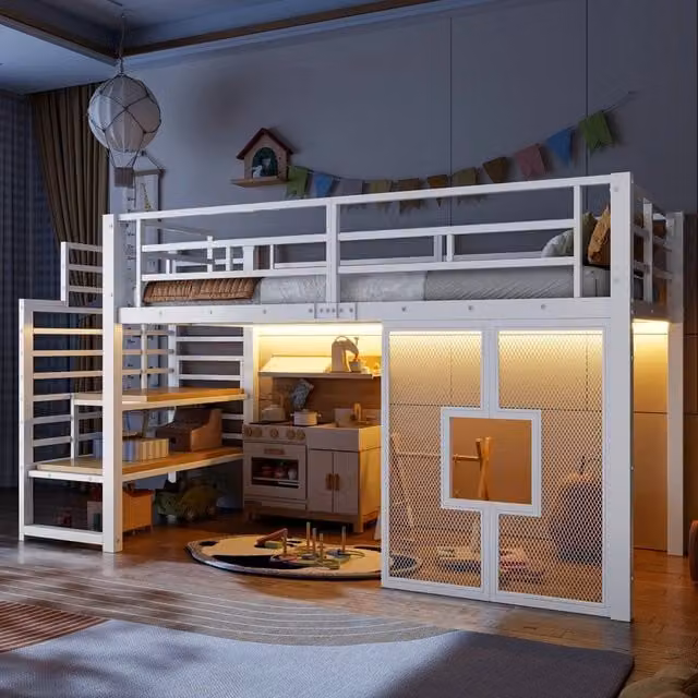 Letto a Soppalco con Scala, Contenitore, LED e Finestre ¨C MINIMAL ¨C 90x200, Bianco, Metallo