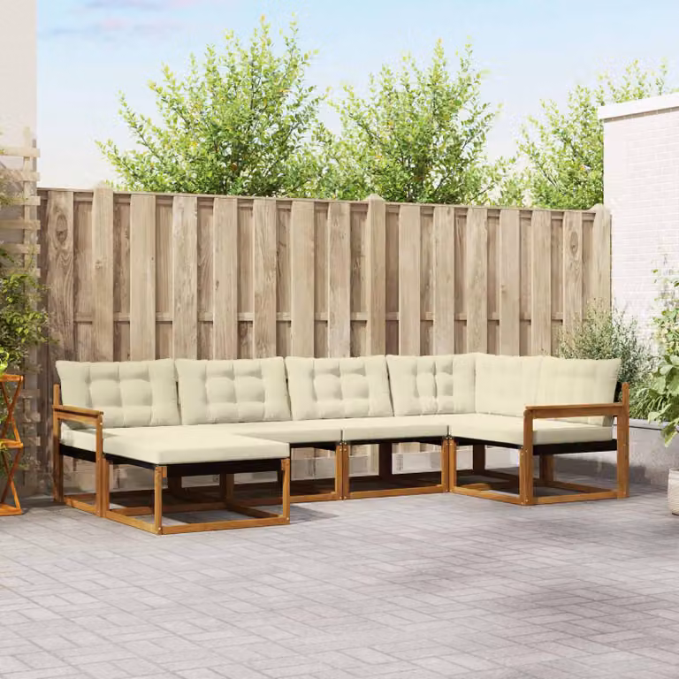 Set di divani da esterno vidaXL a forma di L composto da 6 pezzi in legno di acacia con cuscini beige e bianco