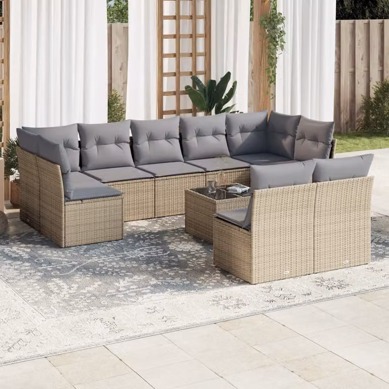 vidaXL Set Divano da Giardino 10 pz Moderno con Cuscini Beige e Tavolino in Polyrattan e Acciaio