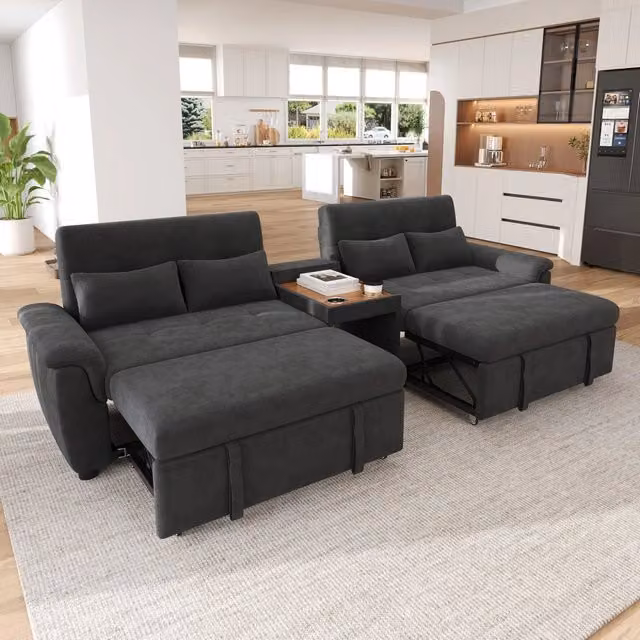 Divano panoramico a U MIVRAY convertibile in letto con schienale regolabile e portabicchieri in ciniglia grigio scuro L: 284 cm, P: 89 cm, H: 138 cm