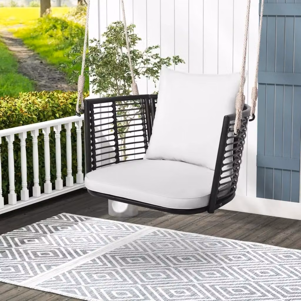 Altalena da esterno in metallo con schienale in vimini intrecciato, sedia altalena robusta per giardino e terrazzo, Bianco e Marrone – 2