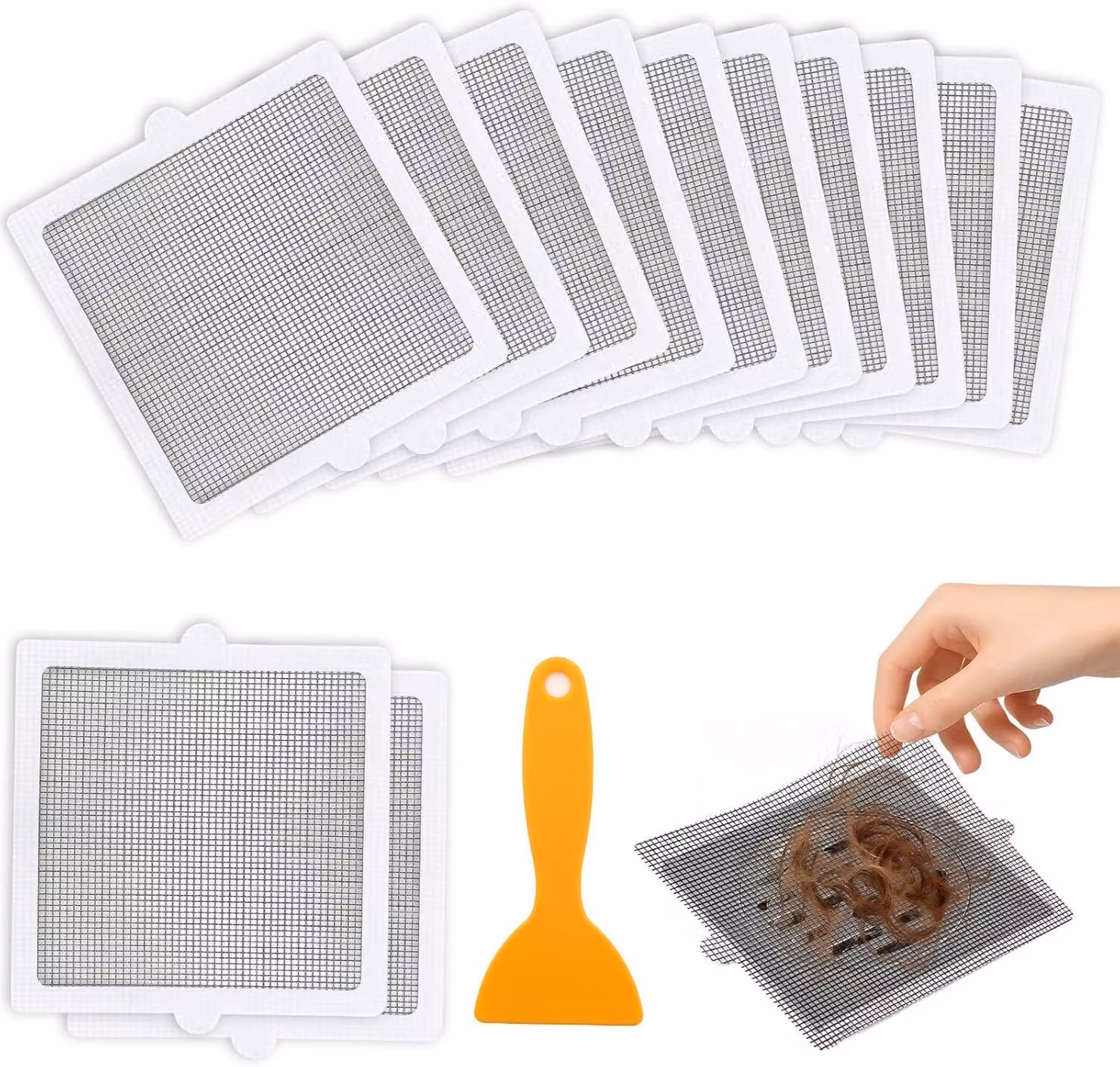 Filtro per scarico - Griglia per doccia - 15 x 15 cm - Filtro per scarico - Doccia - Peli - 20 pezzi - Retino anti-peli - Doccia con spatola in plastica - Griglia per doccia - Scarico