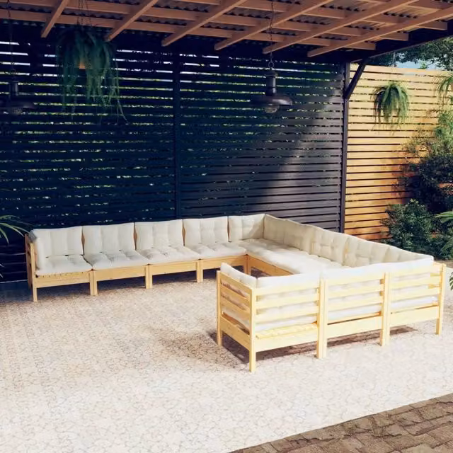 Set di Divani da Giardino a Forma di U vidaXL in Legno di Pino con Cuscini Beige, 11 Pezzi – 1