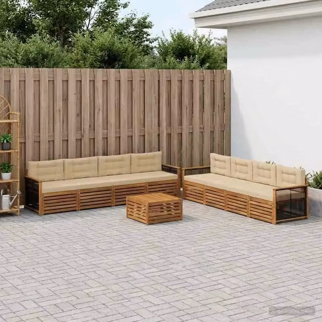 Set di divani da esterno 9 pezzi vidaXL in legno di acacia con cuscini beige e marrone e tavolino da giardino