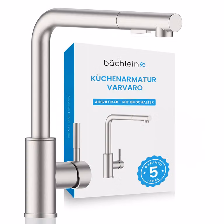 Rubinetto da cucina Bächlein girevole a 360 gradi - acciaio inox spazzolato - Miscelatore monocomando per lavello in acciaio inox con tubo estraibile e spruzzatore