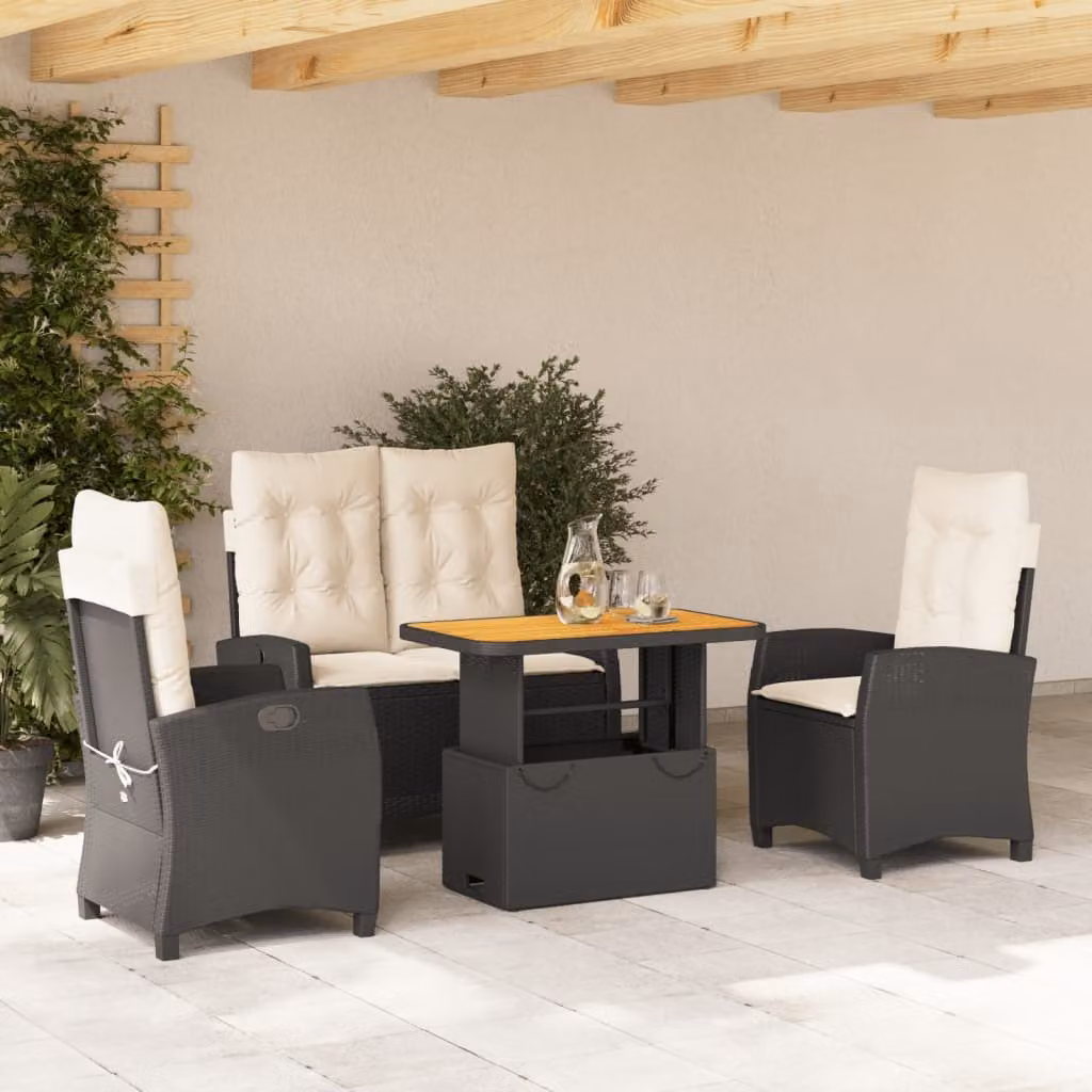 The Living Store Set da pranzo da giardino 4 pezzi con cuscini in poly rattan nero