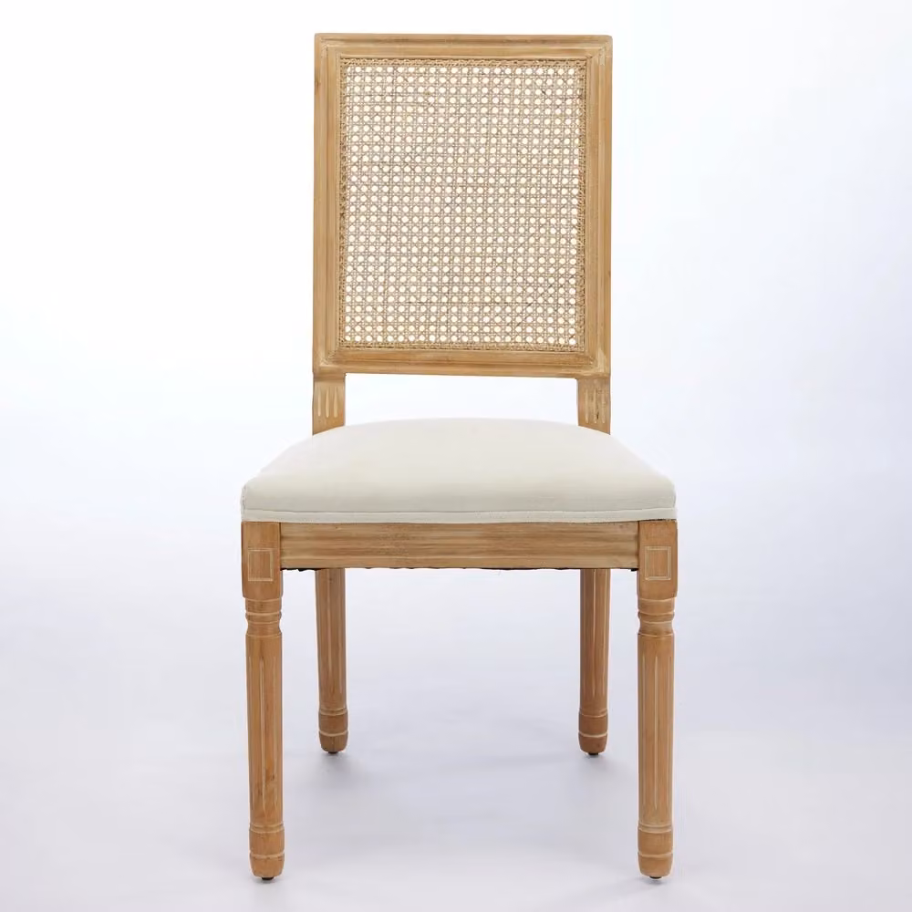 Set di 2 sedie da pranzo Minimal con struttura in legno massello, schienale in rattan e seduta imbottita in tessuto beige – 2