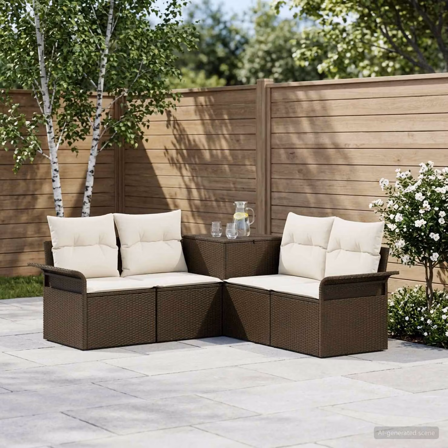 Set di divani da giardino vidaXL a forma di L con cuscini, marrone e bianco crema