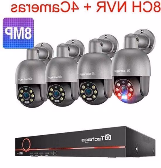 Sistema di sicurezza 4K a 8 canali - Kit di telecamere IP - Telecamera di videosorveglianza - Telecamera di sicurezza PoE - Telecamera per esterni - Controllo PTZ - Rilevatore di persone con intelligenza artificiale
