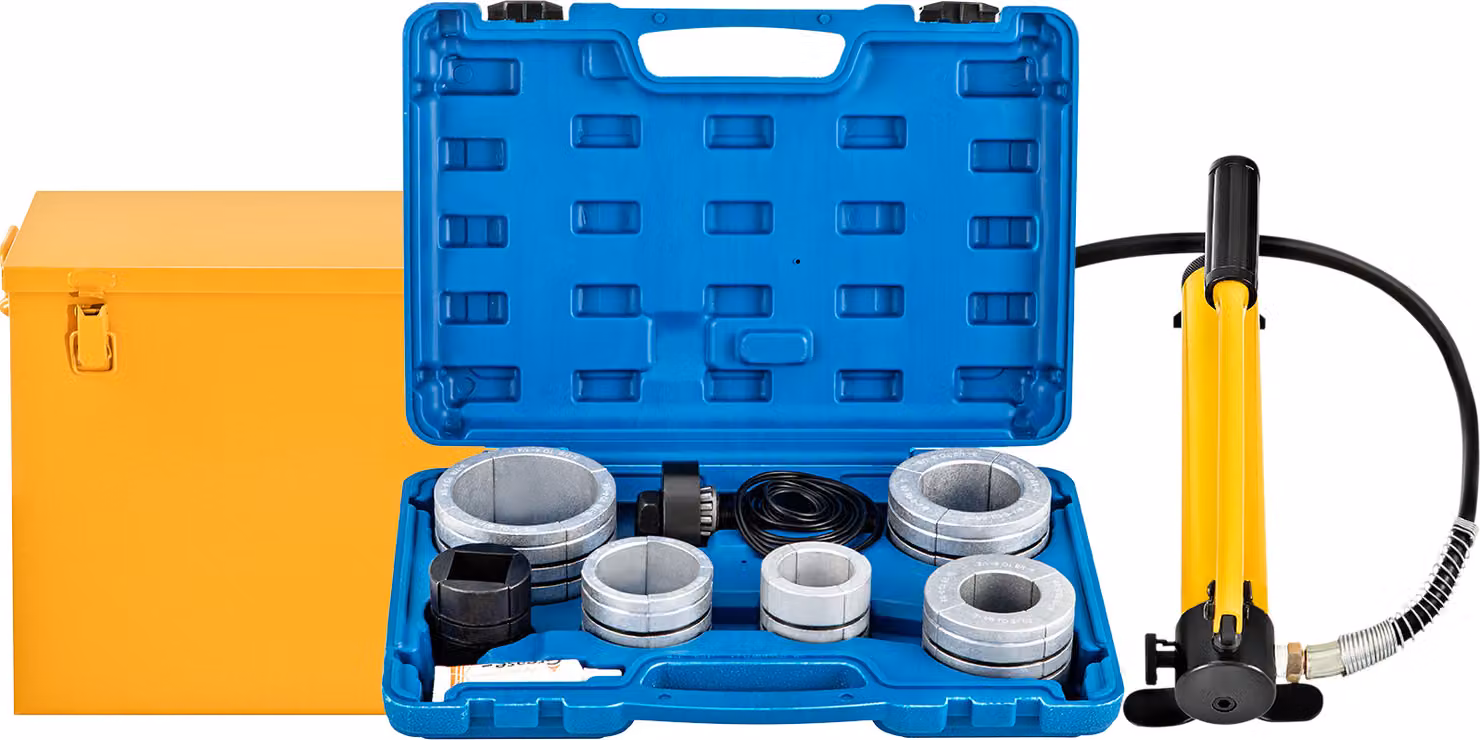 SucceBuy Espansore idraulico per tubi di scarico di marca X, dimensioni da 1-5/8" a 4-1/4", 10 T, manuale, con 4 matrici e 2 scatole di stoccaggio per tubi in rame e alluminio - Amazon Title