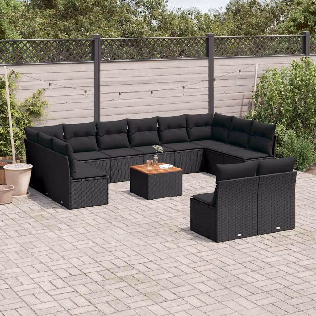 Set Divani da Giardino vidaXL 13pz in Polyrattan Nero con Cuscini e Tavolino da Esterno a Forma di L – 1