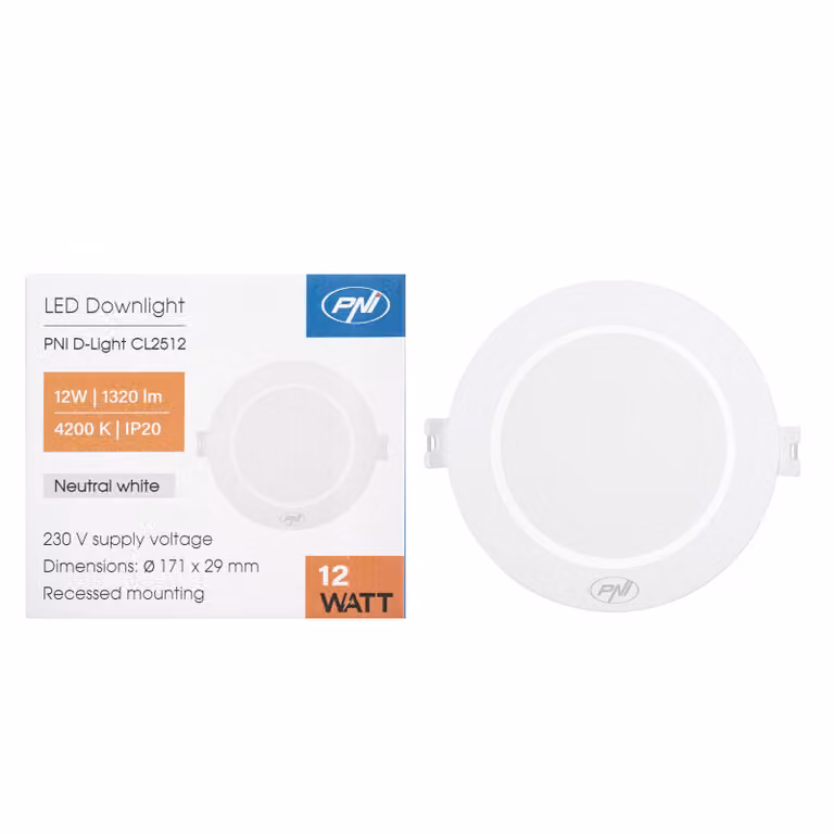Faretto LED PNI D-Light CL2512, 12W, da incasso, forma circolare, diametro circa 17 cm, 4200K, alimentatore 230V, 1320 lm, luce bianco neutro