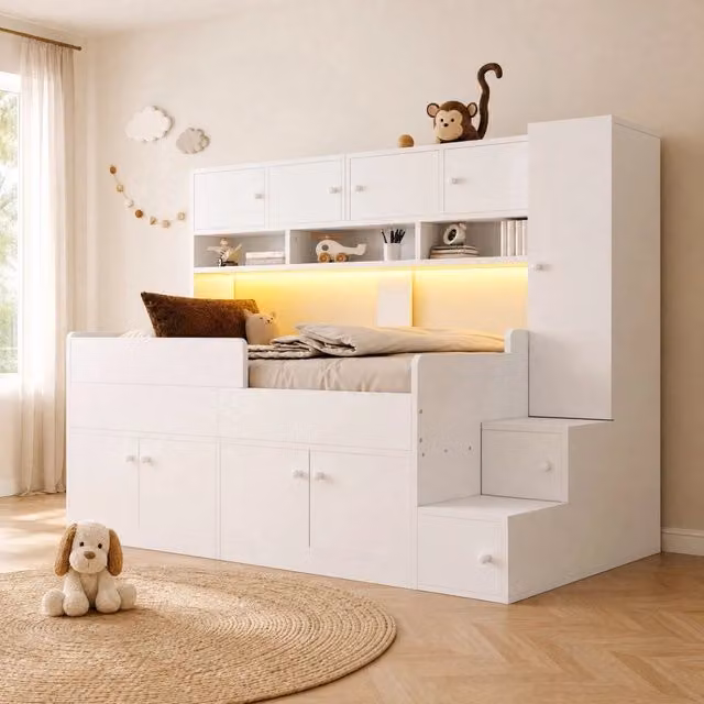 Letto singolo per bambini 90x200 cm in legno con vano contenitore, armadietto, scala con scomparti e illuminazione LED, bianco