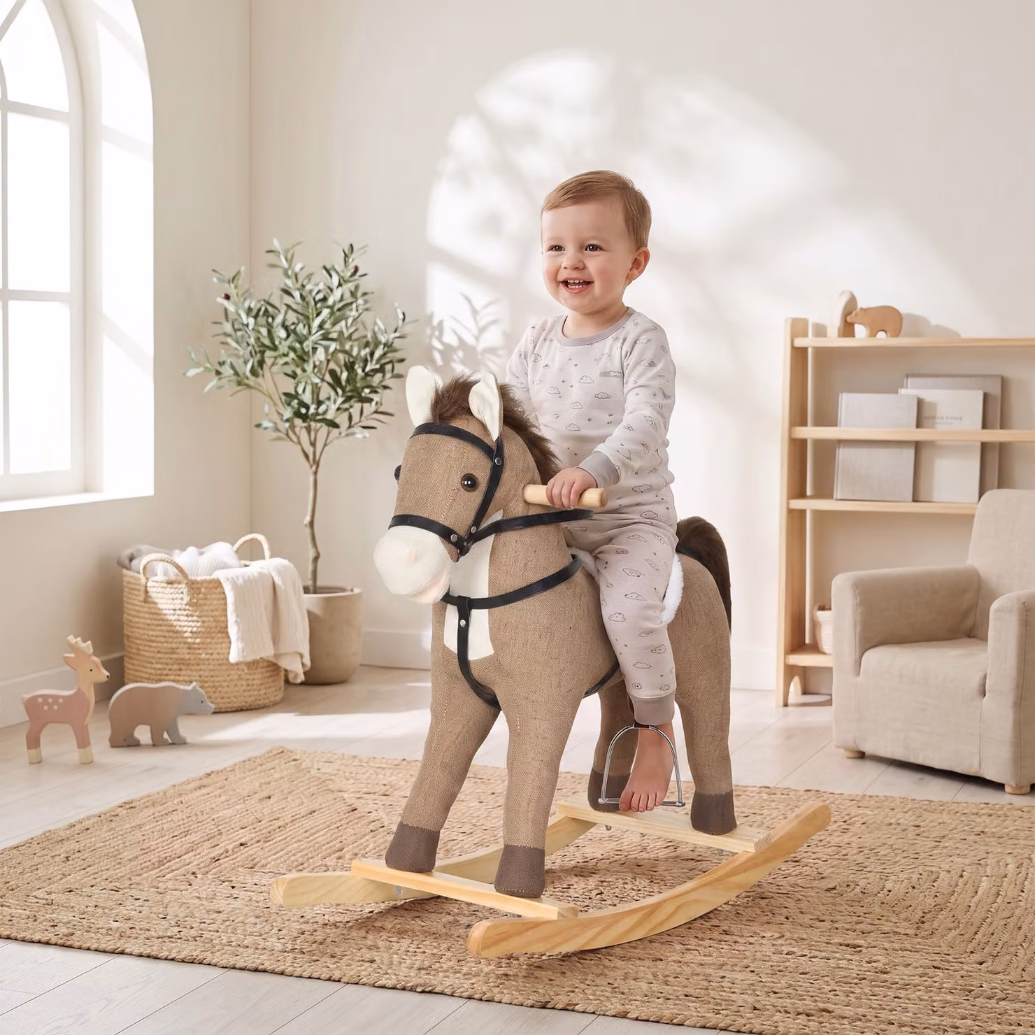 Cavallo a dondolo AIYAPLAY in legno con suoni e maniglie di sicurezza, marrone scuro – 2