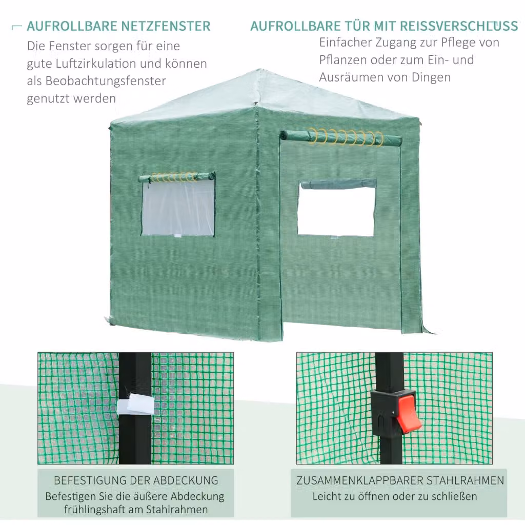 Serra pieghevole REDOM in acciaio verde con porta e finestre arrotolabili L: 238 cm, P: 178 cm, H: 240 cm – 2