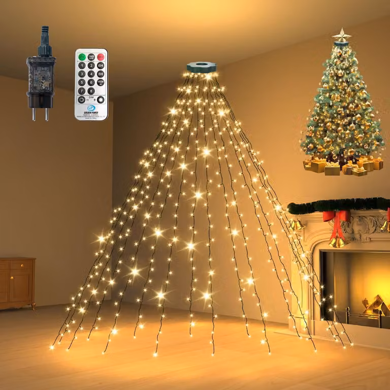 Catena luminosa da 2 metri, con 300 LED, 8 modalità, timer, grado di protezione IP44, adatta per alberi di altezza compresa tra 150 e 240 cm