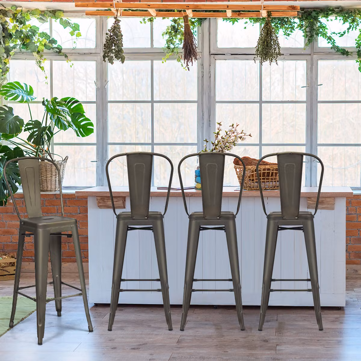 Set di 4 sedie da bar Costway in metallo impilabili con schienale rimovibile, ideali per interno ed esterno, Grigio Antracite – 3