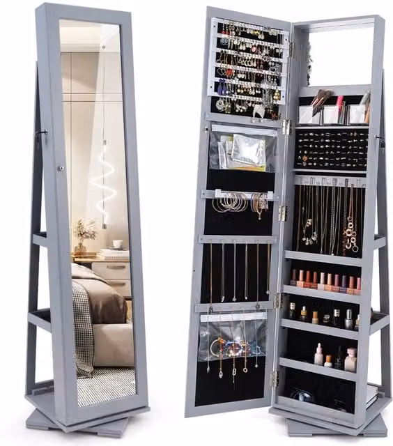 Armadio portagioielli girevole a 360¡ã con specchio, Organizer gioielli 2 in 1 a figura intera Grigio chiaro