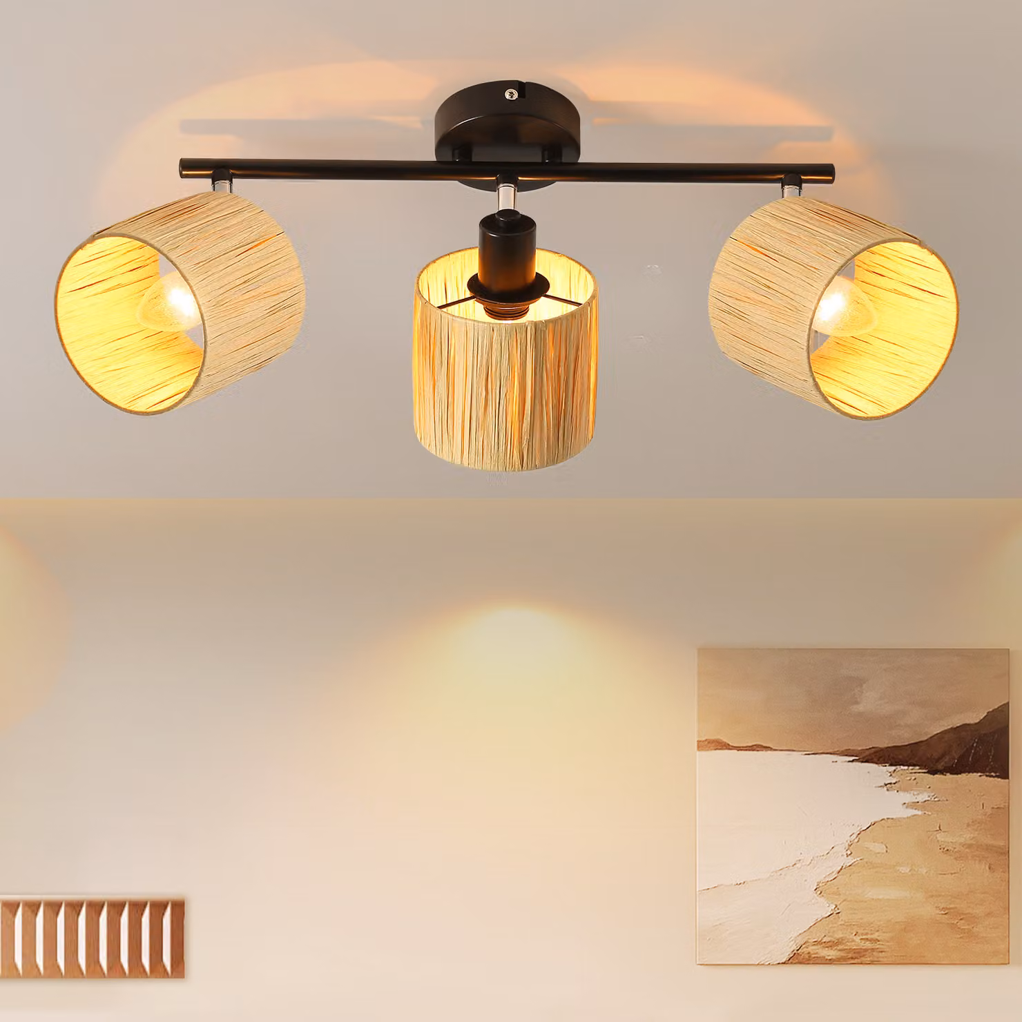 ZMH faretto a soffitto 3 fiamme plafoniera corridoio soffitto lampada vintage spot soffitto nero naturale E14 faretto carta interna 350° spot orientabili per camera da letto soggiorno (senza lampadina)