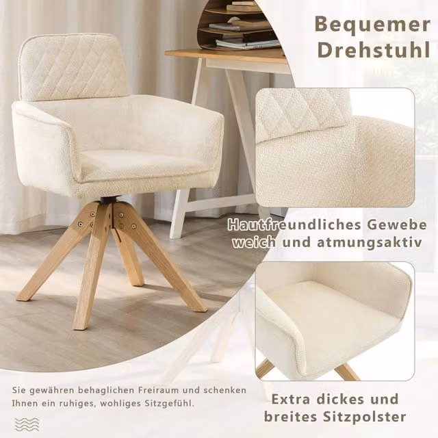 Set di 2 Sedie da Pranzo Girevoli 360° in Tessuto Bianco Crema Gambe in Legno Massello per Cucina e Ufficio