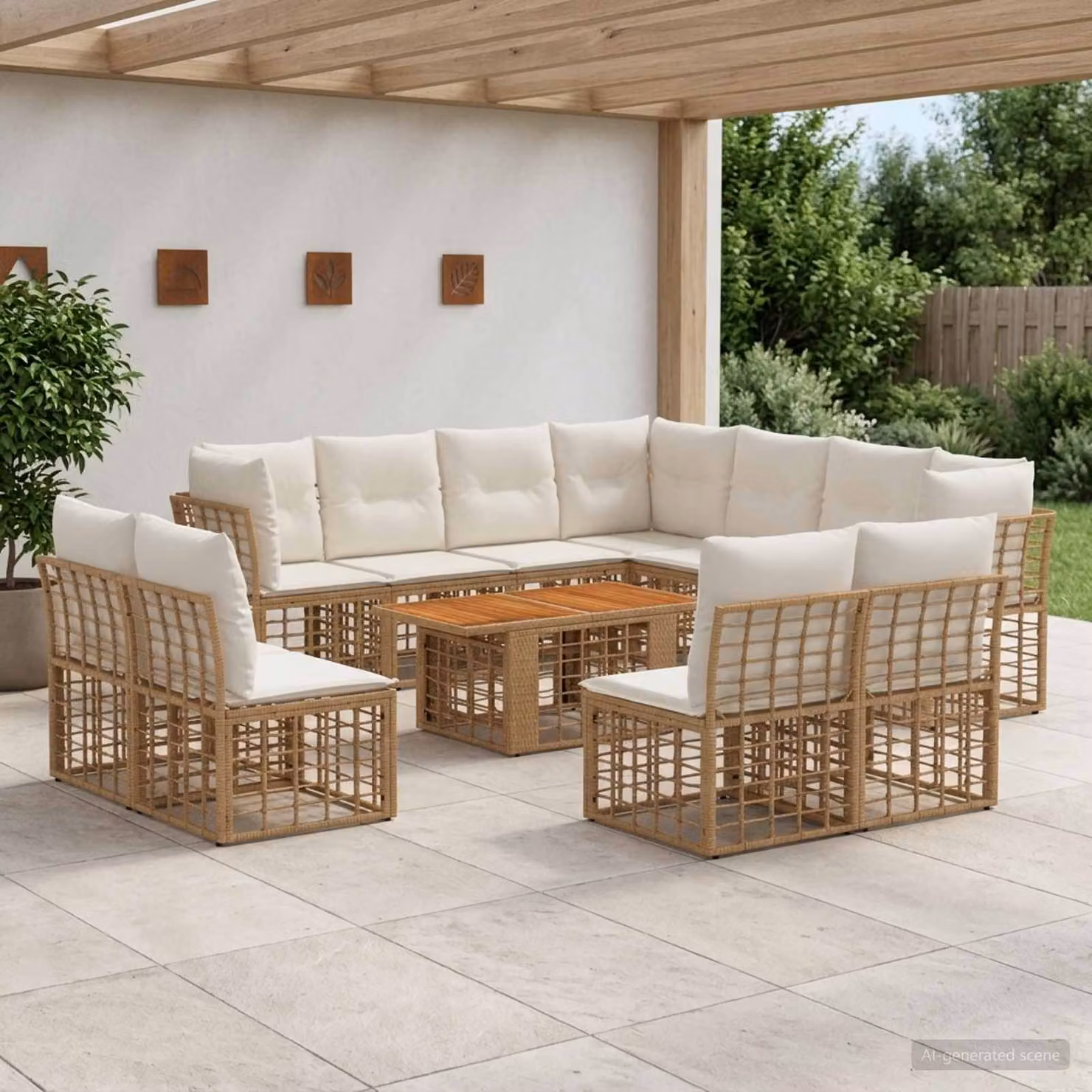 Set Divano da Giardino vidaXL 12 Pezzi in Polyrattan con Tavolino e Cuscini, Colore Naturale e Bianco Crema