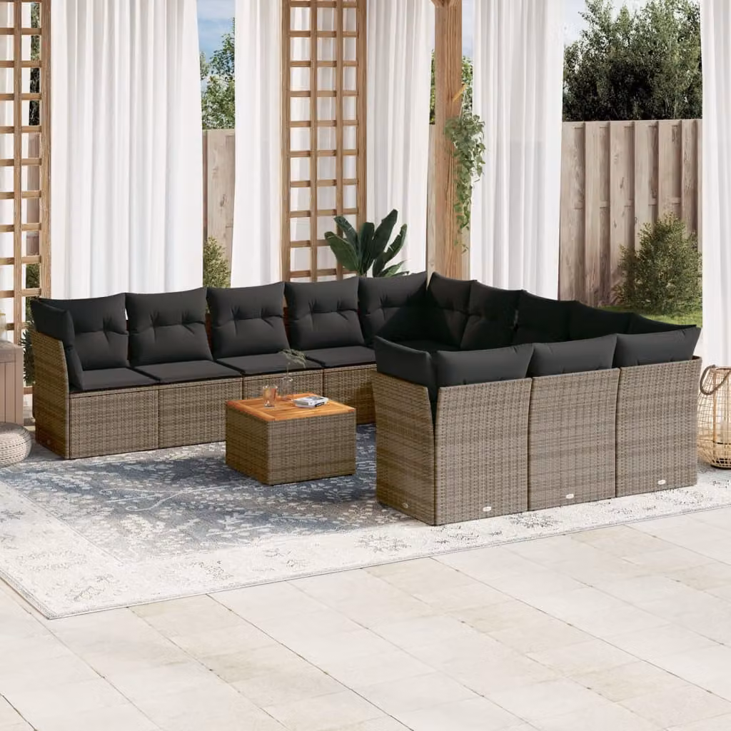 vidaXL Set Divani da Giardino a Forma di U in Polyrattan Grigio con Cuscini e Tavolino da Esterno – 1