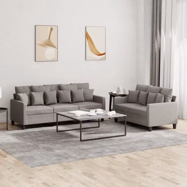 Set di divani vidaXL da soggiorno in tessuto beige e grigio con cuscini inclusi, composto da un divano a 2 posti e un divano a 3 posti – 1