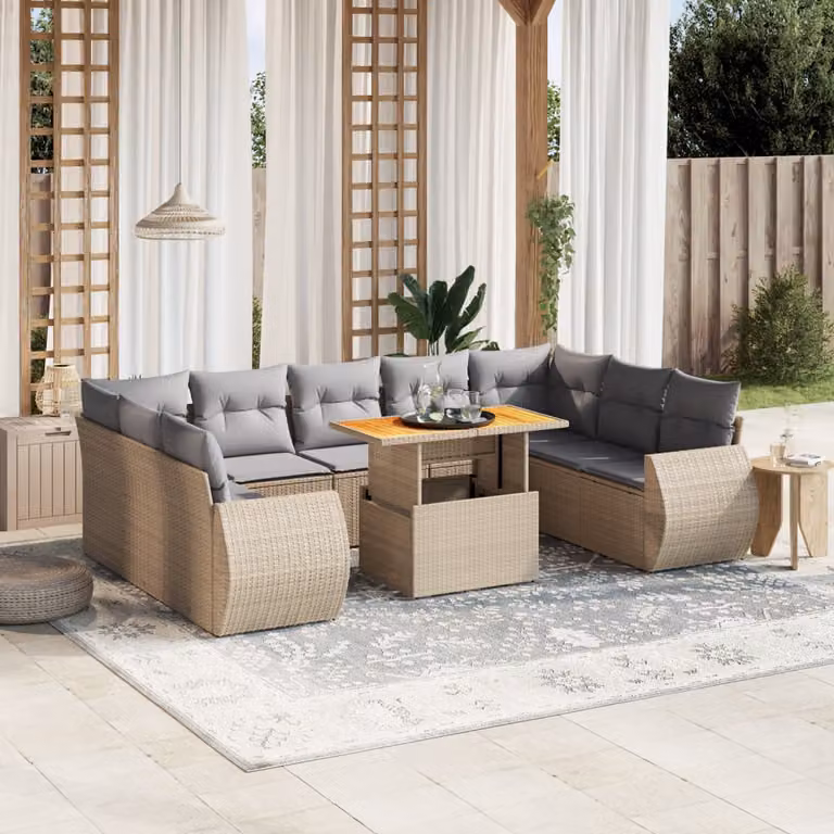 Set Divano da Giardino vidaXL 10 pz a Forma a L con Cuscini Beige e Grigio in Polyrattan e Acciaio