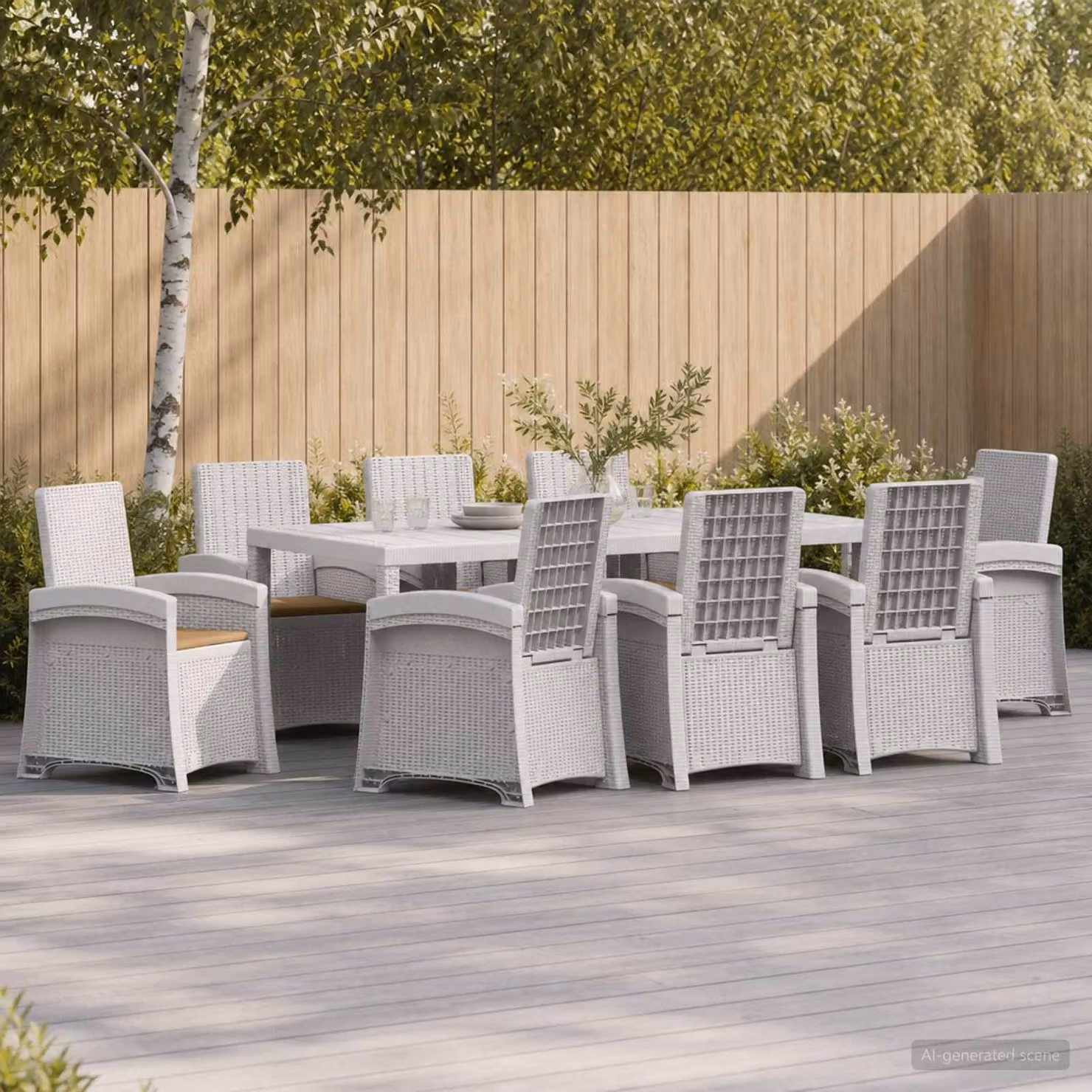 Set da pranzo per giardino e terrazzo vidaXL in rattan sintetico da 9 pezzi, colore bianco e beige