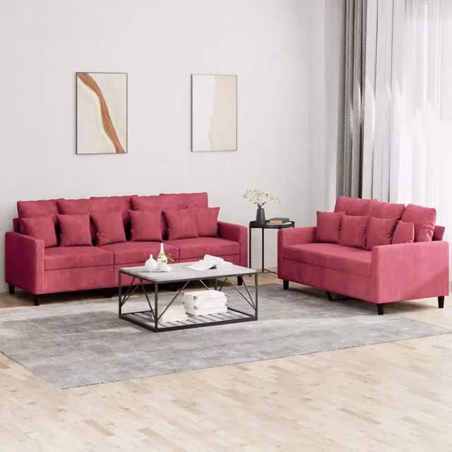 Set di divani vidaXL in velluto rosso composto da un divano a 2 posti e un divano a 3 posti con cuscini coordinati – 1