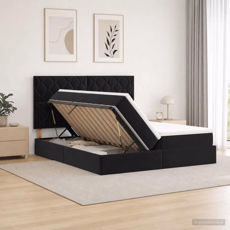 Letto con contenitore vidaXL in velluto nero con illuminazione LED, porta USB e materasso ibrido, L/P: 200 x 200 cm