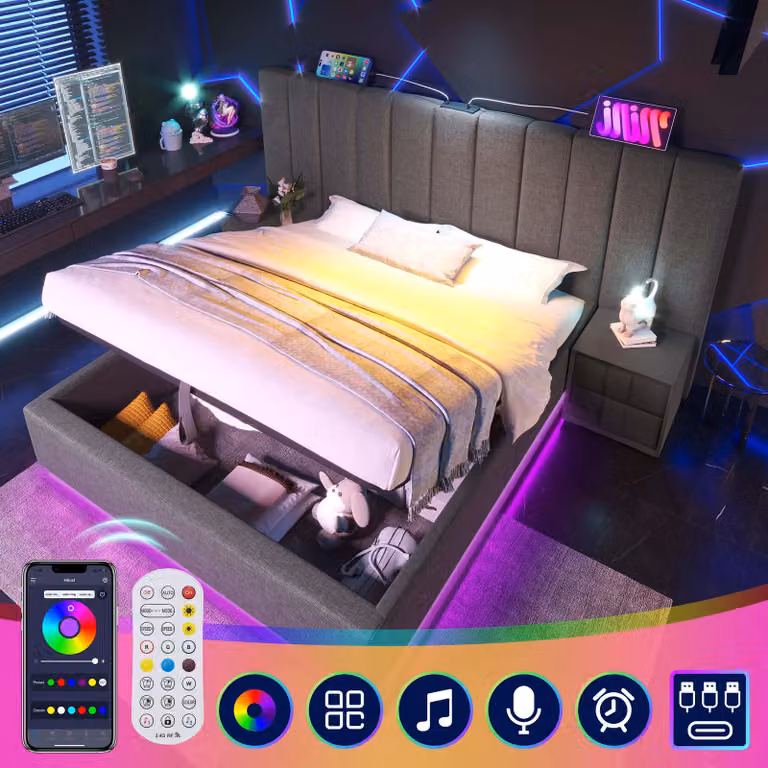 Letto imbottito 180x200 cm, letto matrimoniale con spazio contenitore a sollevamento idraulico, illuminazione LED controllabile tramite app, funzione di ricarica USB-C, rete a doghe, colore grigio lino